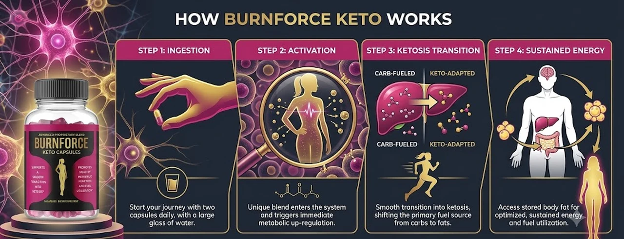 Brand graphic showing four steps: ingestion, activation, ketosis transition, sustained energy